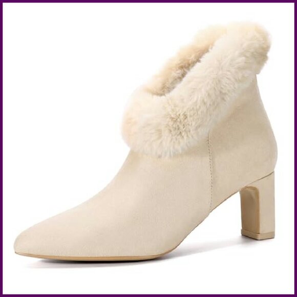 Faux Suede Ankle Boots Chunky Heel Pointed Toe Zipper Dress Booties - Picture 3 of 8